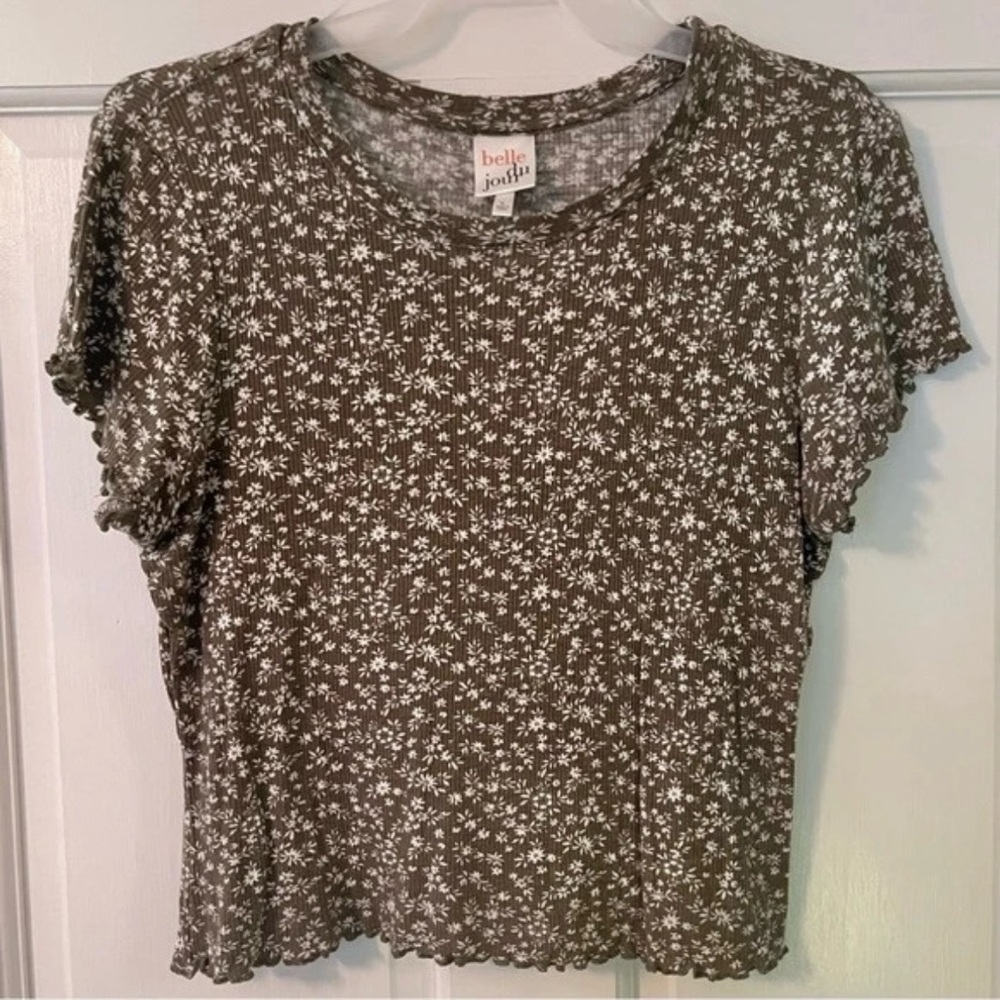 BELLE DU JOUR Green Floral Ribbed Lettuce-Trim Short Sleeve Fitted T-Shirt